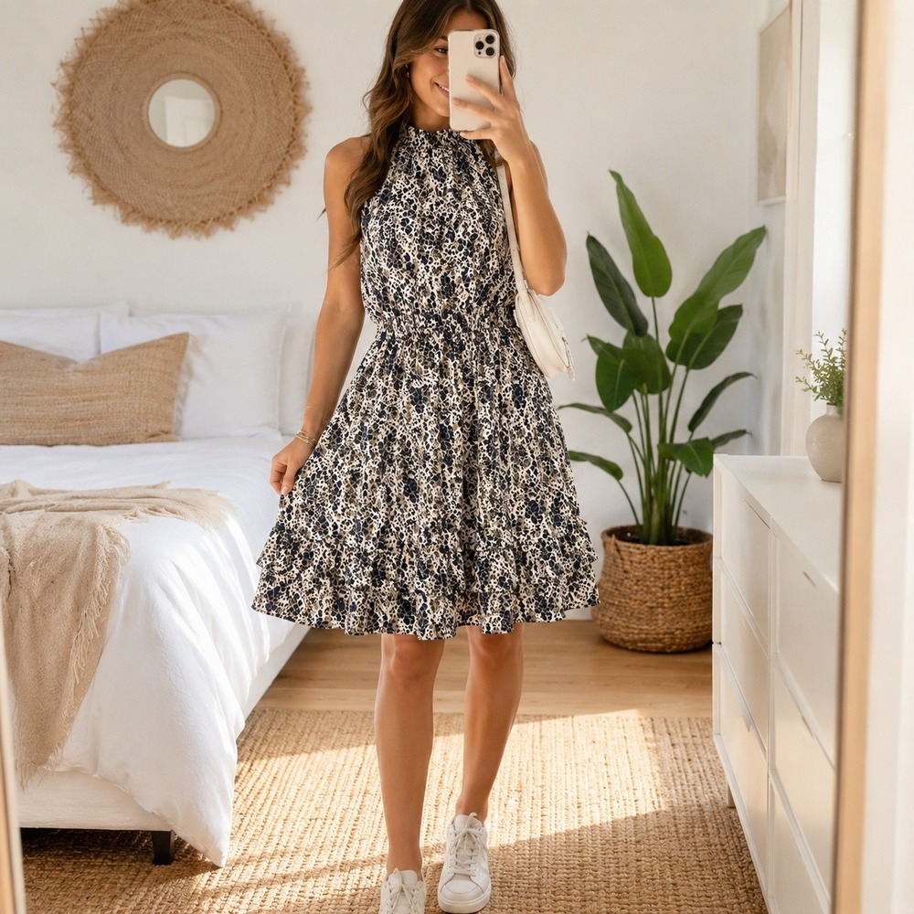Kate and Lily Green Navy Animal Print Mock Neck Ruffle Mini Dress PS 519307
